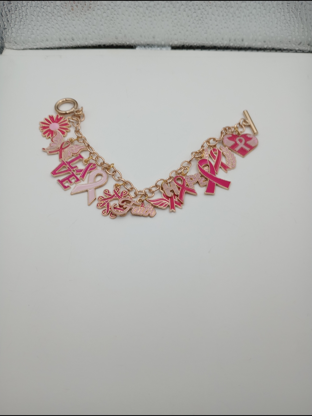 Gold Pink Breast Cancer Awareness Charm Bracelet - Picture 10 of 11